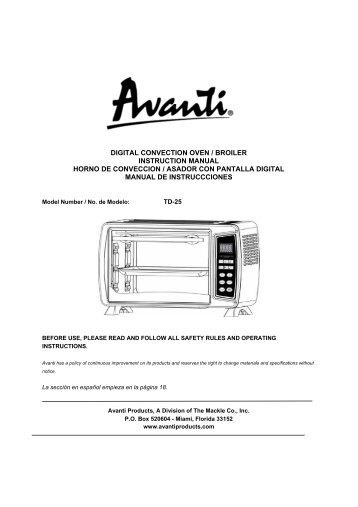 digital convection oven / broiler instruction manual ... - Avanti Products