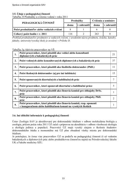 SprÃƒÂ¡va o Ã„Âinnosti ÃƒÂšZ SAV za rok 2011 - ÃƒÂšstav zoolÃƒÂ³gie SAV