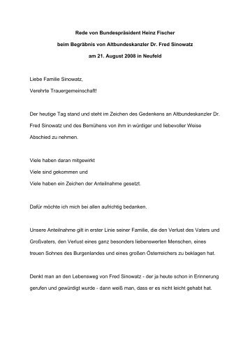 Rede von Bundespräsident Heinz Fischer beim Begräbnis von ...