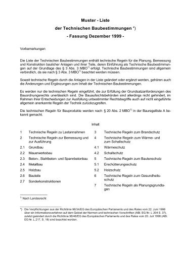Muster - Liste der Technischen Baubestimmungen ... - Tischler.de