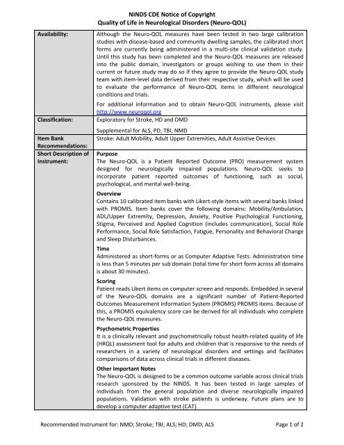 NOC - NINDS Common Data Elements