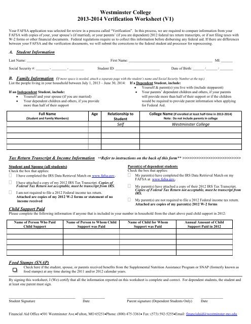 V1 2013-2014 Verification Worksheet - Standard - Westminster ...