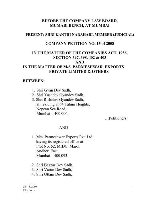 before the company law board - Company Law Board Mumbai Bench