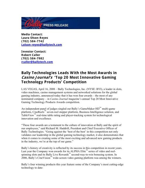 Bally Technologies Leads With the Most Awards in Casino Journal's ...