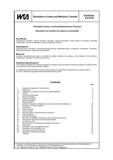 Simulation of heat and moisture transfer. WTA Merkblatt 6-2-01 ...