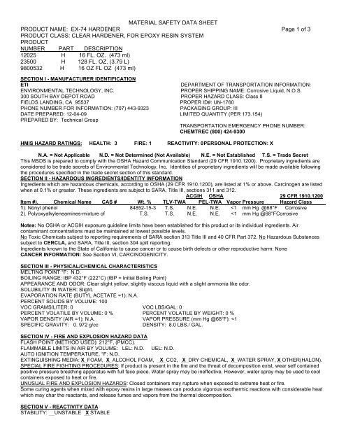 MATERIAL SAFETY DATA SHEET PRODUCT NAME: EX-74 ...