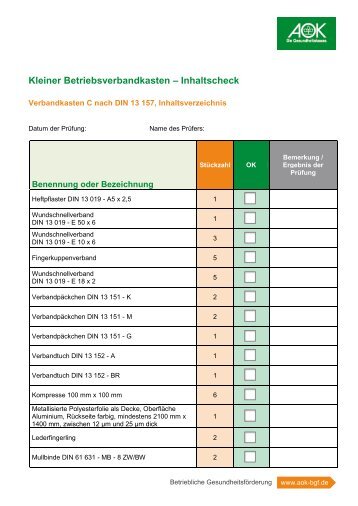 Checkliste Kleiner Verbandkasten - Institut fÃƒÂ¼r Betriebliche ...