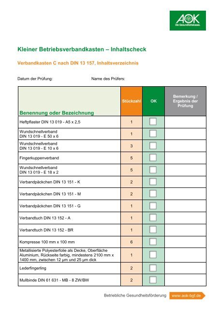 Checkliste Kleiner Verbandkasten - Institut fÃƒÂ¼r Betriebliche ...