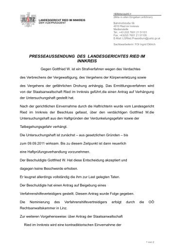 Presseaussendung des Landesgerichtes Ried im Innkreis - Heute