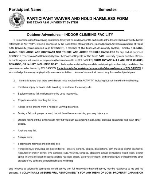 PARTICIPANT WAIVER AND HOLD HARMLESS FORM - Rec Sports