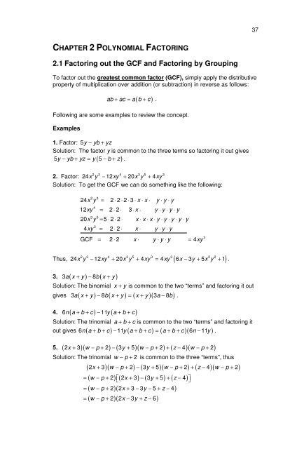 Chapter 2 Polynomial Factoring 2 1 Factoring Out The Gcf