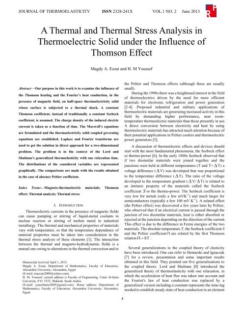 A Thermal and Thermal Stress Analysis in Thermoelectric Solid ...