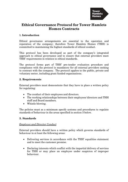 Ethical governance protocol for Tower Hamlets Homes contracts