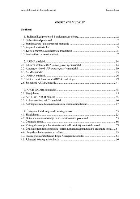 1 AEGRIDADE MUDELID Sisukord 1. Stohhastilised protsessid ...