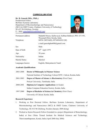 1 CURRICULUM VITAE Dr. B. Ganesh (MSc., PhD.,) Postdoctoral ...