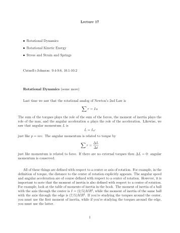 Lecture 17 â¢ Rotational Dynamics â¢ Rotational Kinetic Energy ...