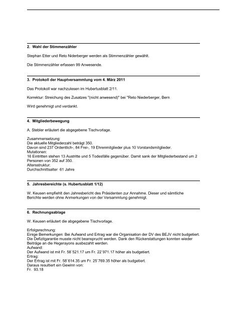 Protokoll der HV 2012 - Hubertus Bern