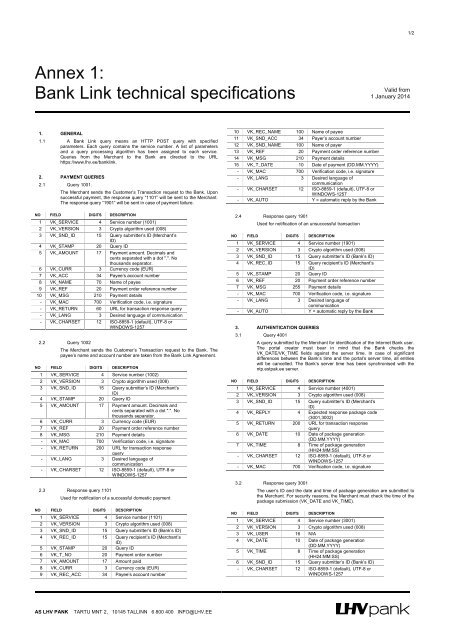 Annex 1: Bank Link technical specifications - LHV Pank