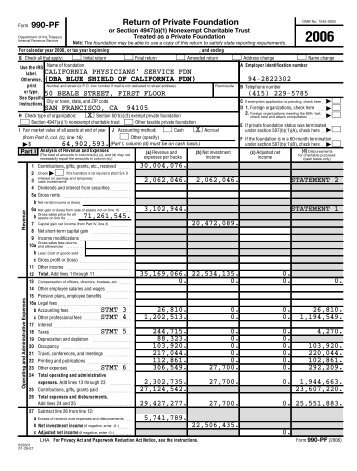 IRS Form 990-PF for 2006 - Blue Shield of California Foundation