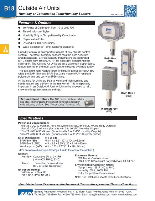 BAPI Humidity Sensor Outside Air Unit BA//10K-3-H200-O-BB