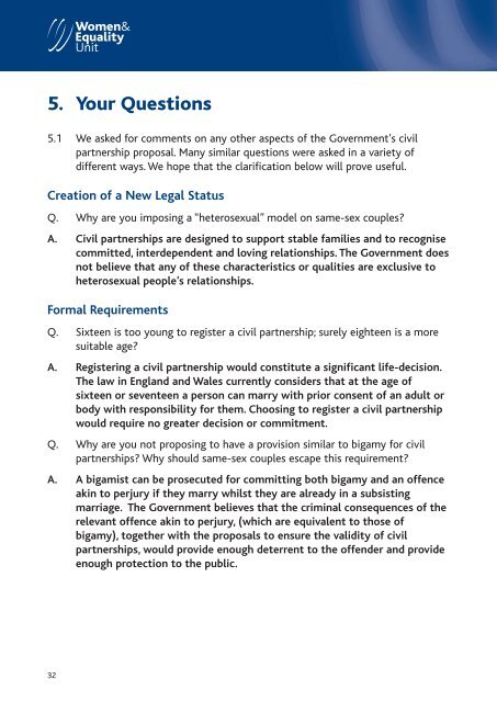 Responses to Civil Partnership:A framework for the legal recognition ...