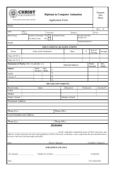 Diploma in Computer Animation Application Form - Christ University Diploma in Computer Animation Application Form - Christ University