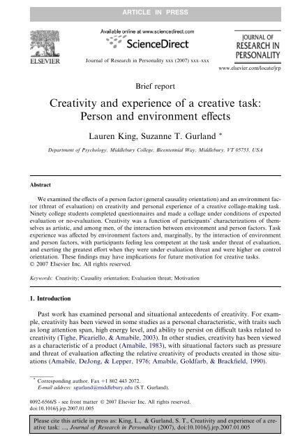 Creativity and experience of a creative task: Person and ...