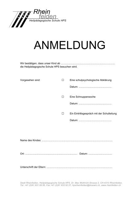 Anmeldeformular HPS - Rheinfelden Schulen