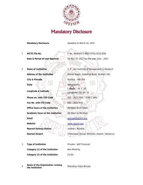 Mandatory Disclosure - S.P. Jain Institute of Management and ...
