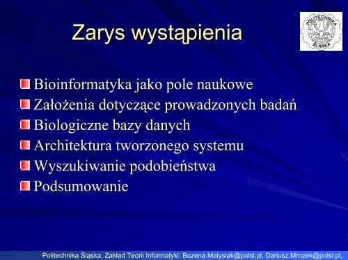 Bioinformatyczne bazy danych - ZakÅad Teorii Informatyki