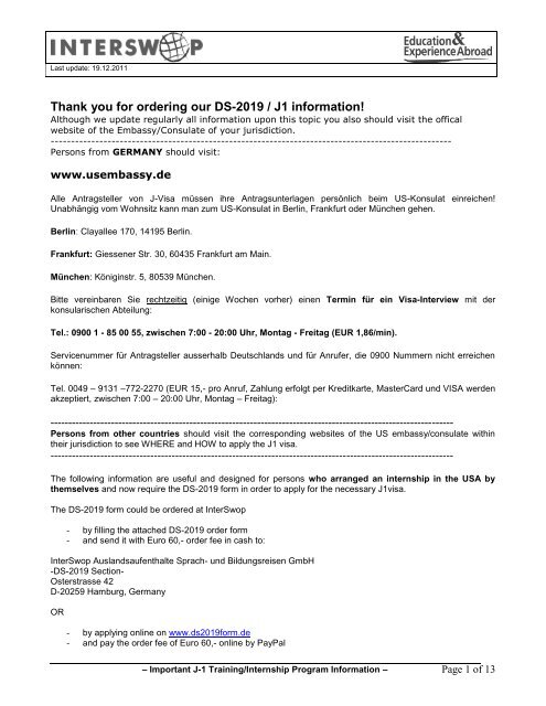 Important J-1 Training/Internship Program Information - DS-2019 Form