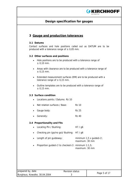 Design Specification for Gauges - KIRCHHOFF Automotive