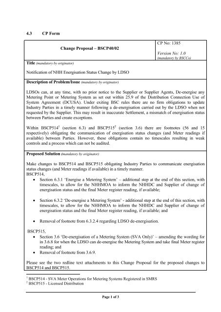 4.3 CP Form Change Proposal – BSCP40/02 CP No: 1385 ... - Elexon