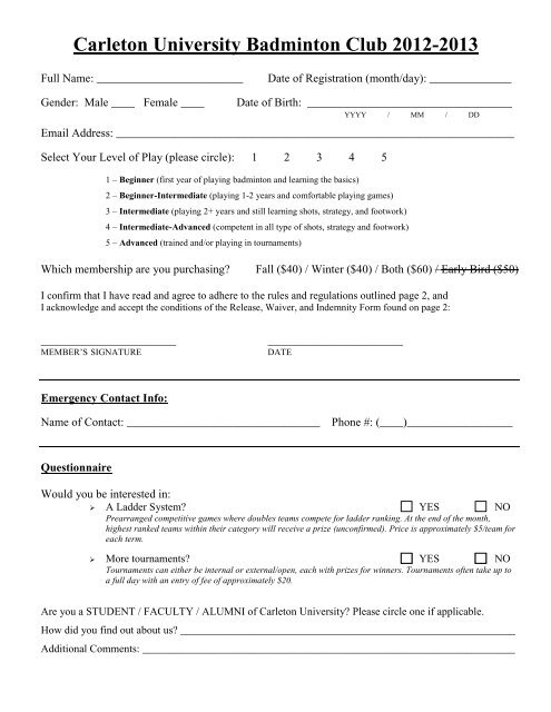 Carleton University Badminton Club Registration Form: