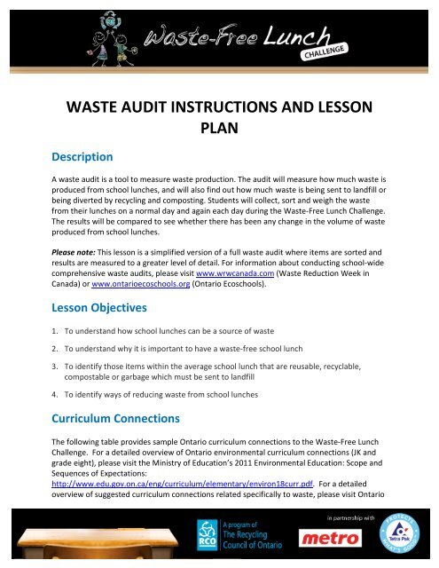 waste audit instructions and lesson plan - Waste-Free Lunch ...