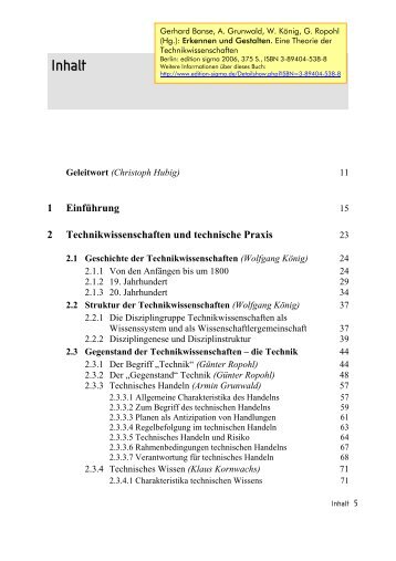 Banse/Grunwald/König/Ropohl (Hg.): Erkennen und Gestalten - Inhalt