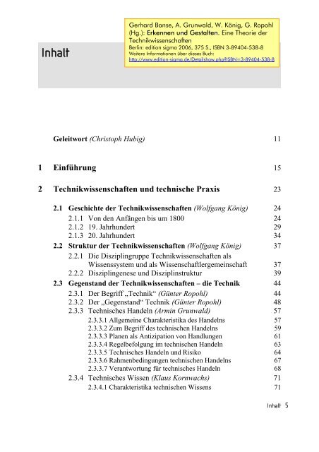 Banse/Grunwald/König/Ropohl (Hg.): Erkennen und Gestalten - Inhalt