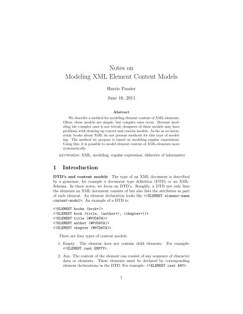 Notes on Modeling XML Element Content Models