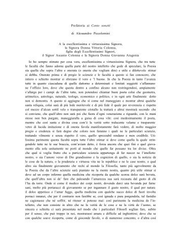 Prefatoria ai Cento sonetti di Alessandro Piccolomini A la ...