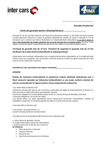 Carte de garanție pentru chitanța/factura ... - Inter Cars