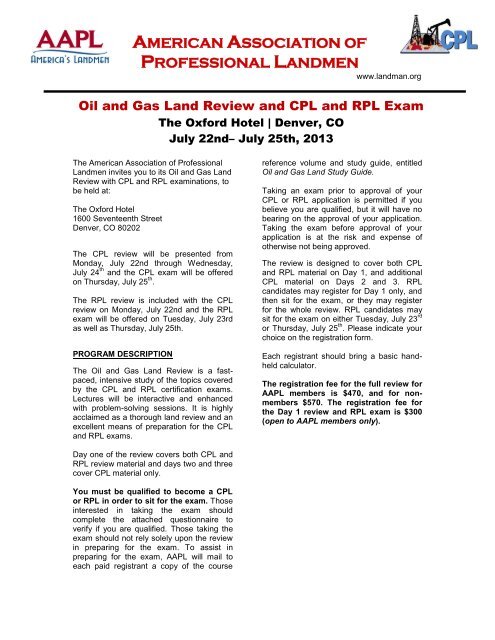 Oil and Gas Land Review and CPL and RPL Exam - American ...