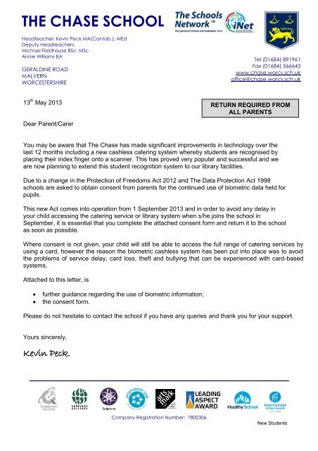 Biometric Consent Letter - The Chase Technology College