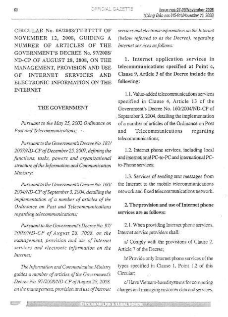 CIRCULAR No. 05/2008/TT-BTTTT OF NOVEMBER 12, 2008 ...