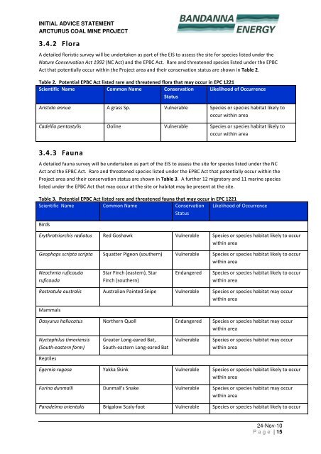 Initial Advice Statement for the Arcturus Coal Mine Project