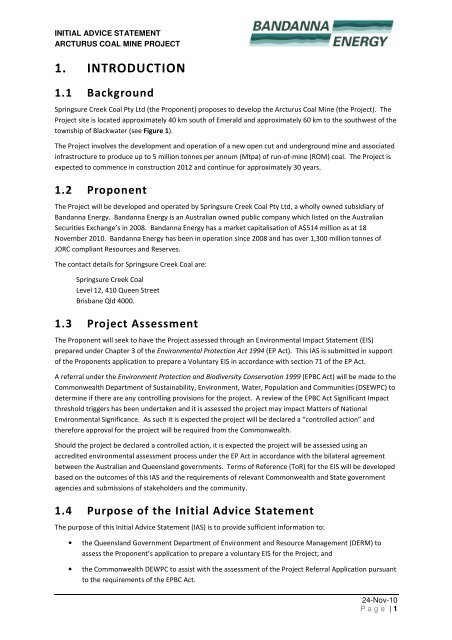 Initial Advice Statement for the Arcturus Coal Mine Project