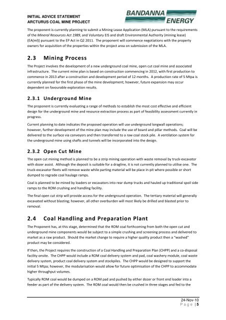 Initial Advice Statement for the Arcturus Coal Mine Project