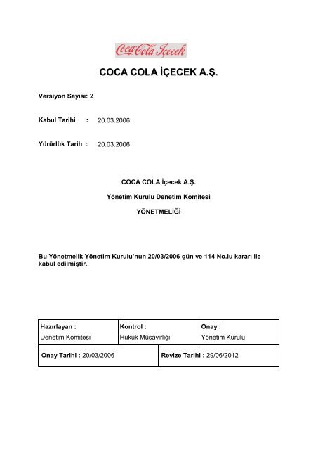 coca cola içecek a.ş. yönetim kurulu denetim komitesi yönetmeliği
