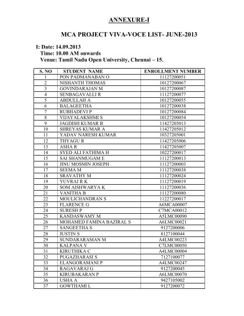 Viva - Voce Examination for MCA September - Tamil Nadu Open ...