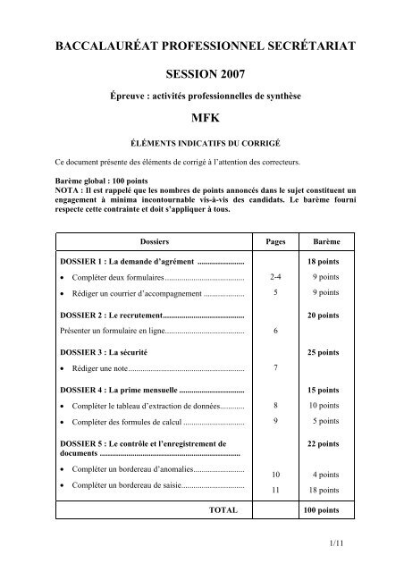 baccalaurÃ©at professionnel secrÃ©tariat session 2007 mfk