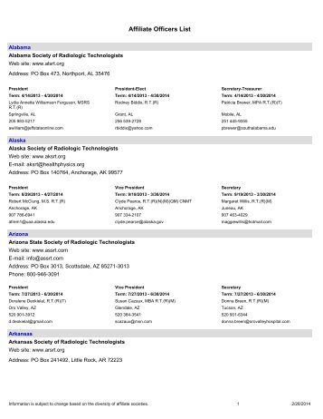 Affiliate Officers List - American Society of Radiologic Technologists